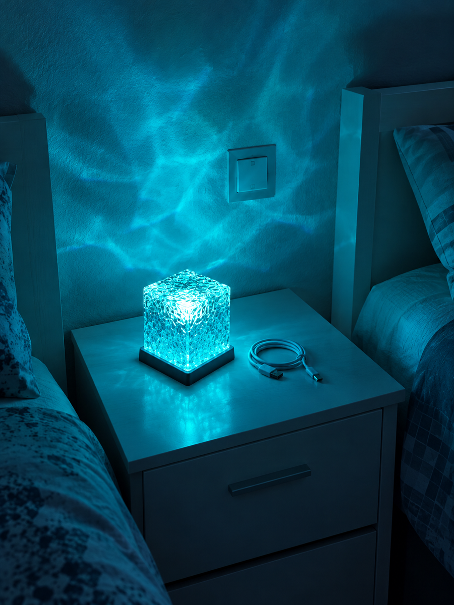 Lámpara Skyled encendida en una mesita de noche proyectando luz azul en la pared